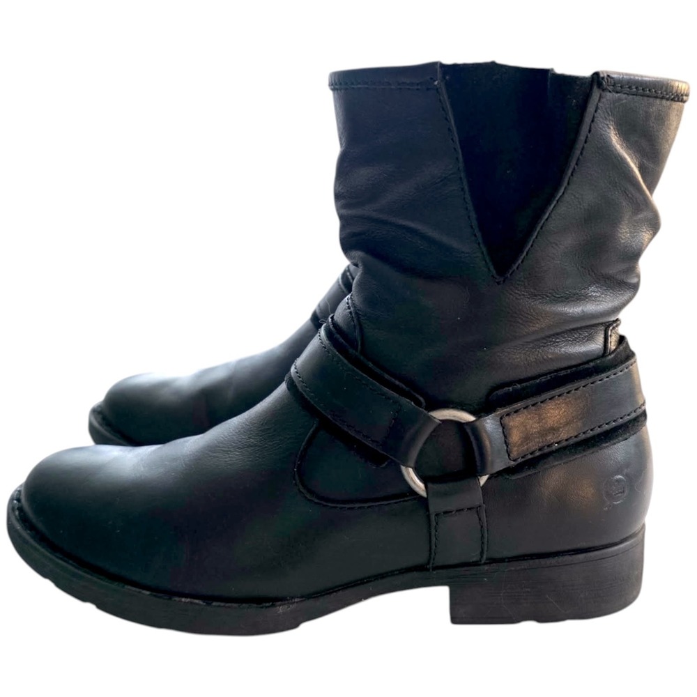 Born Black Leather Moto Ankle Boots F12503 Harness Strap Size 8M